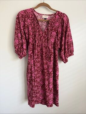 Universal Pink and Maroon Floral Midi Dress with Puff Sleeves 💯 Cotton size S